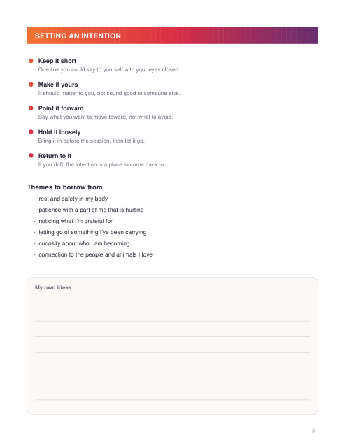 Intention guide page with tips and themes